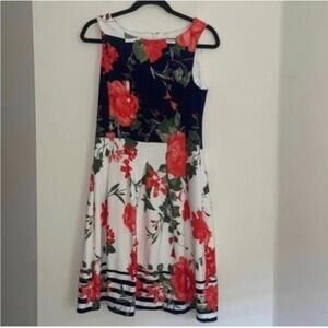 Leslie Fay A Line, navy and white color blocked floral dress Office career work